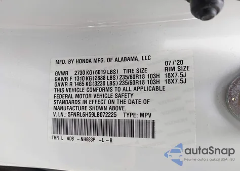 2020 Honda Odyssey Ex z USA, uszkodzony, nr VIN 5FNRL6H59LB072225